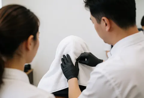 A barber wearing black gloves applies a treatment to white cloth in a salon with white walls during service.