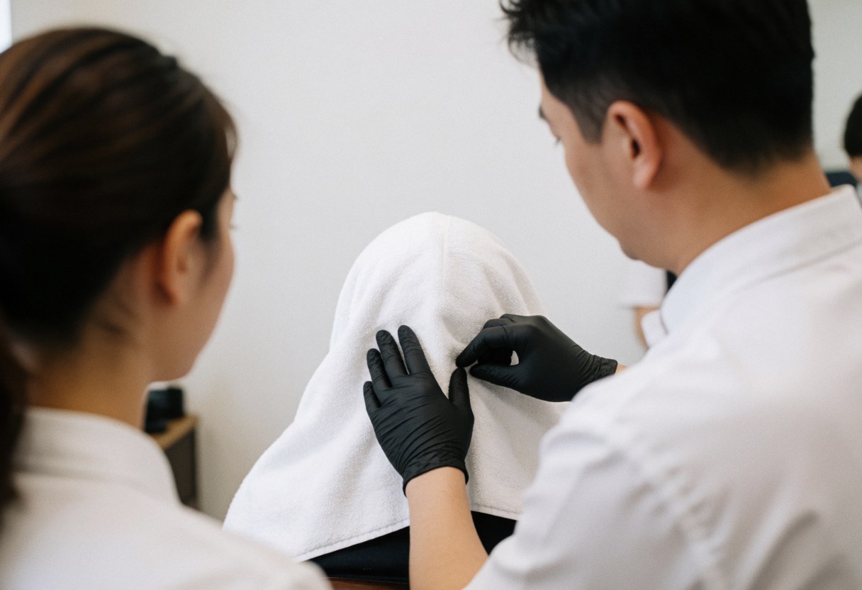 A barber wearing black gloves applies a treatment to white cloth in a salon with white walls during service.