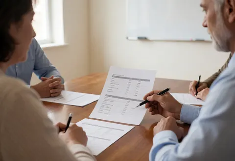 Hands examining financial papers on a wooden table with a whiteboard in the background during a client meeting.