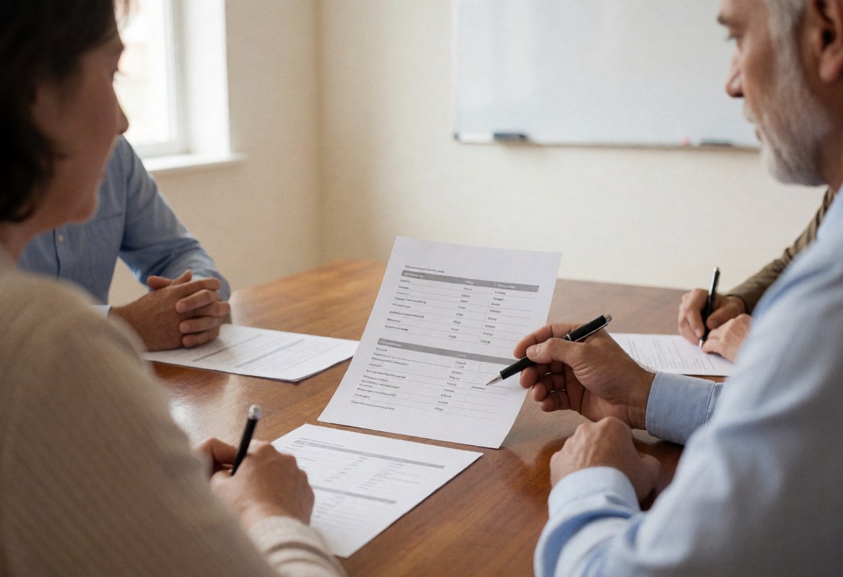 Hands examining financial papers on a wooden table with a whiteboard in the background during a client meeting.