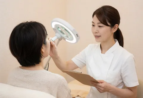 Aesthetician uses a magnifying lamp to examine a client's skin during a facial hydration consultation in a professional clinic.