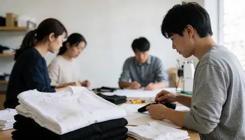 Workers in a textile printing studio handling white and black t-shirts near a sewing machine under natural light.