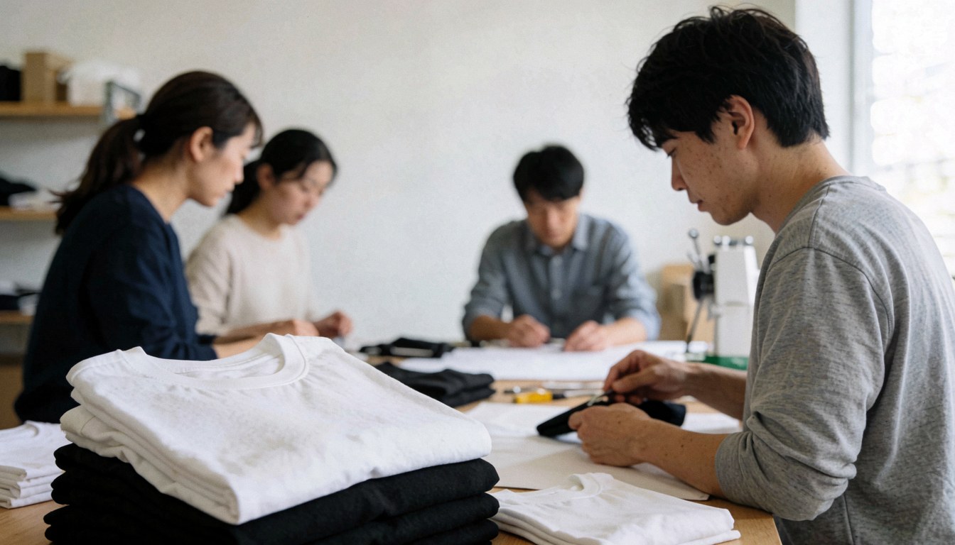 Workers in a textile printing studio handling white and black t-shirts near a sewing machine under natural light.