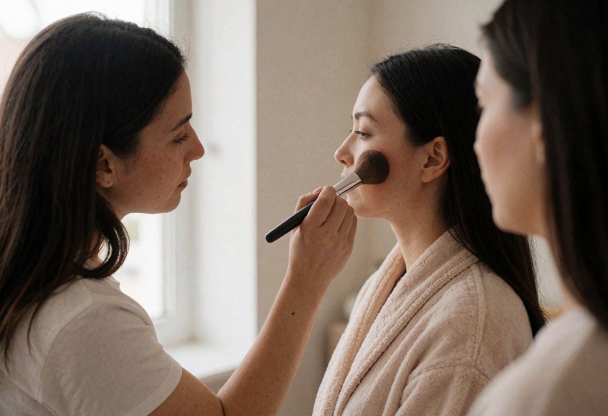 A makeup artist uses a brush to apply blush to a client during a professional service session.