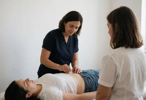Cupping massage specialist placing glass cups on a client's stomach during a wellness session in a bright treatment room.