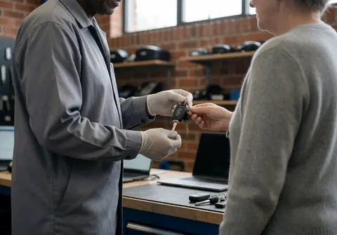 Auto technician delivering vehicle keys to a satisfied client inside a garage with brick wall and natural light during service repair
