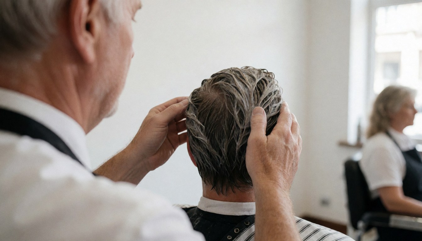 A barber applies a hair treatment mask to a seated client's wet hair in a bright barbershop with white walls and natural light.