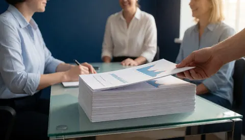 A hand holding documents with charts on a glass desk in a real estate office with dark blue walls.