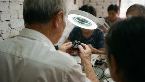 Technician inspects earphones under a magnifying lamp in a workshop with white brick walls and visible tools.