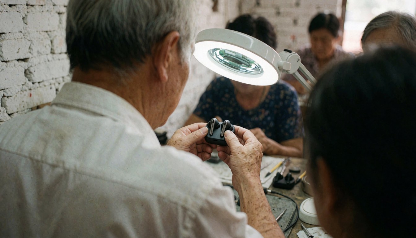 Technician inspects earphones under a magnifying lamp in a workshop with white brick walls and visible tools.