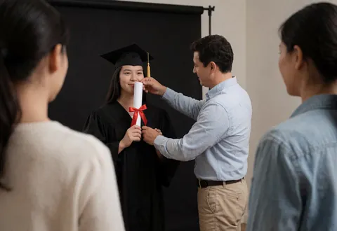 A photographer adjusts a diploma held by a graduate wearing a gown against a black studio background.
