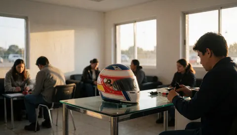 A racing helmet resting on a glass table in a bright reception area with white walls and sunset light, suitable for motorsport websites