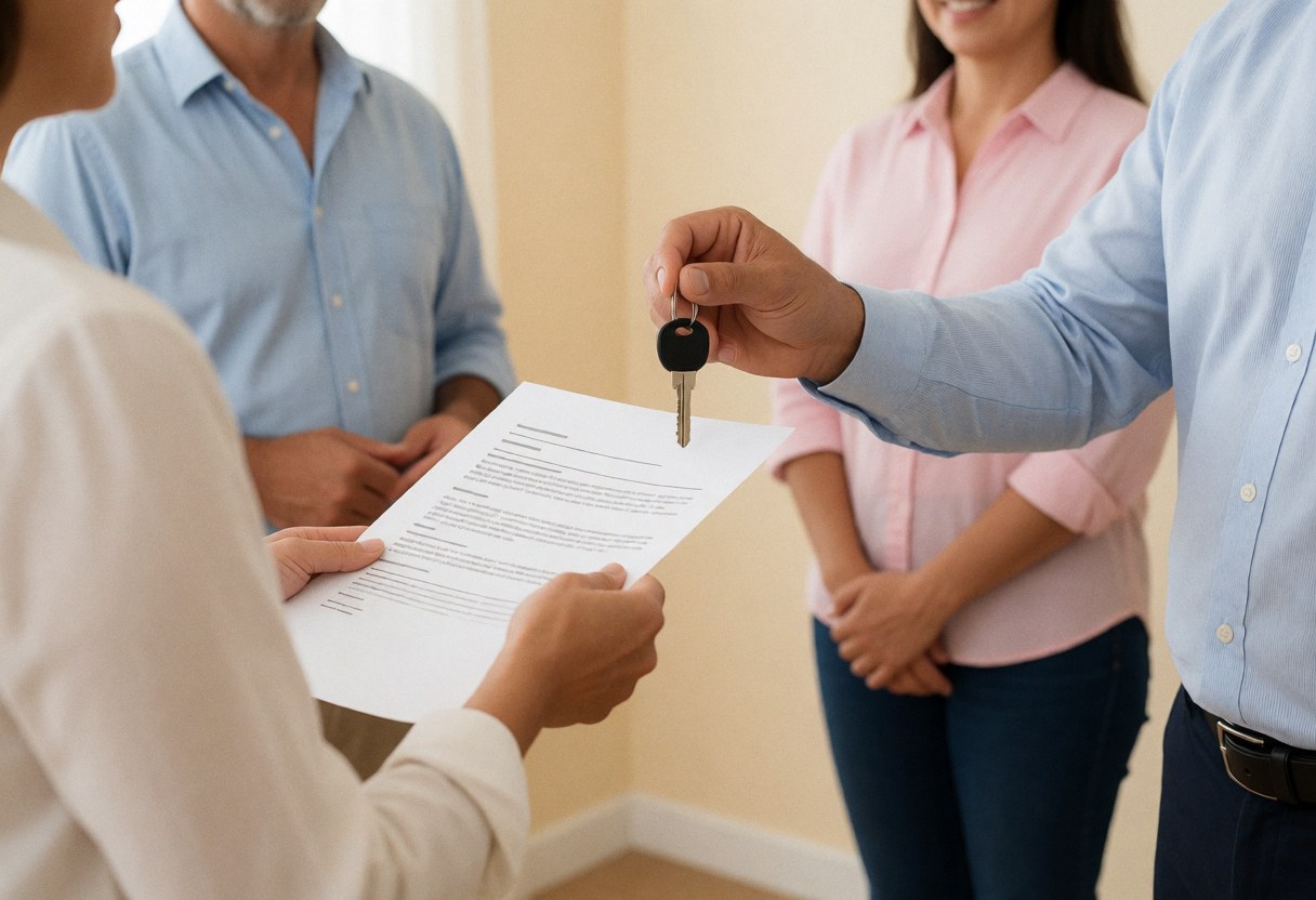 Real estate agent handing keys and documents to a client in a beige room during a property transaction