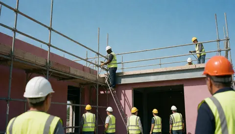 Workers wearing helmets and vests on scaffolding above a pink-walled building under a clear blue sky.
