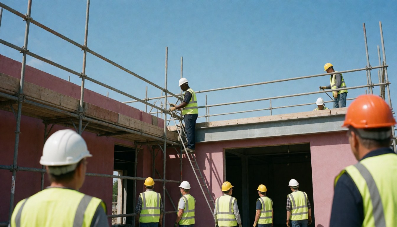Workers wearing helmets and vests on scaffolding above a pink-walled building under a clear blue sky.