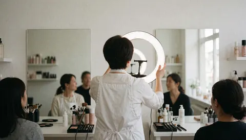 Makeup artist adjusts a ring light in a studio with mirrors and products for a beauty website.