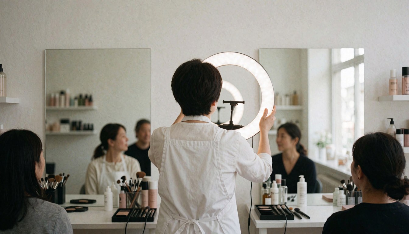 Makeup artist adjusts a ring light in a studio with mirrors and products for a beauty website.