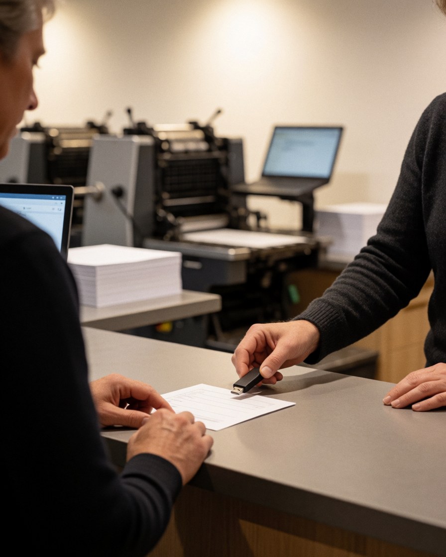 A customer places a USB drive on a form at the counter of a busy print shop with offset machinery in the background.