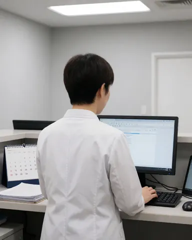 Back view of professional in white uniform working on computer with calendar and papers on desk in office setting
