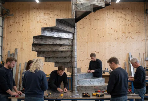 Workers assemble a metal staircase in a workshop with wooden walls, tools on a table, and visible steel structure.