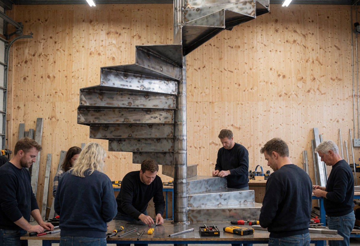 Workers assemble a metal staircase in a workshop with wooden walls, tools on a table, and visible steel structure.
