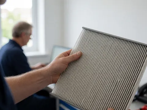 Close-up of a hand holding an automotive air filter in a workshop with natural window light and white wall background