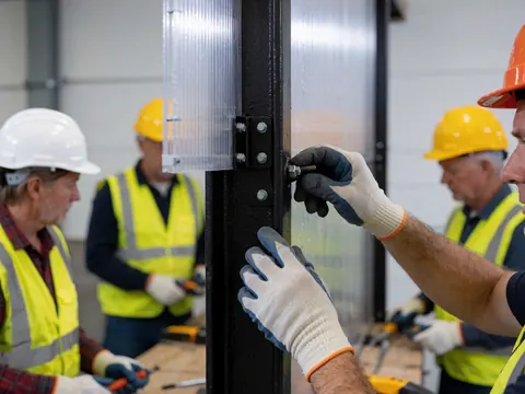 Close-up view of a hand tightening a screw into a black metal bracket that secures a polycarbonate panel to steel beams in an industrial workshop setting.