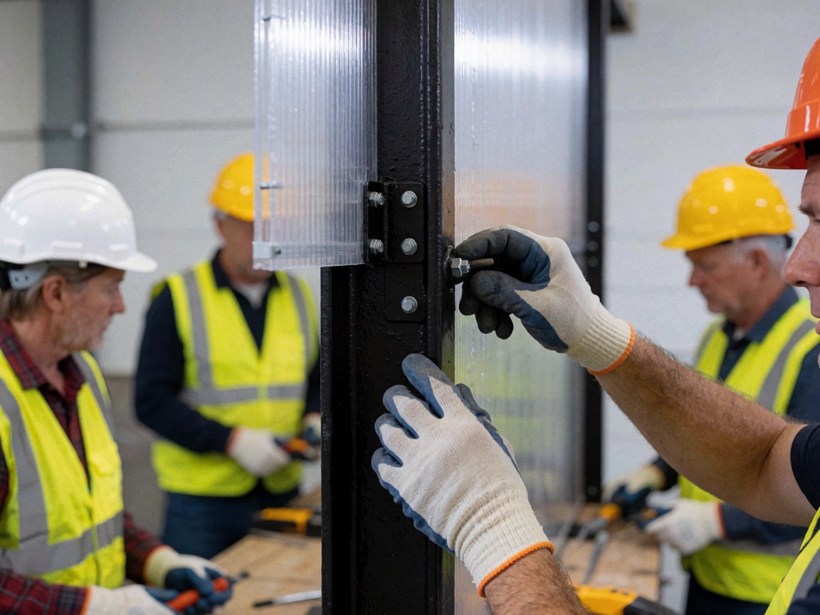 Close-up view of a hand tightening a screw into a black metal bracket that secures a polycarbonate panel to steel beams in an industrial workshop setting.