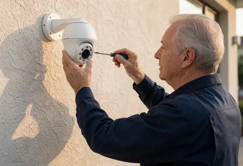Technician adjusts a white security camera on a beige wall during sunset, illustrating professional installation service.