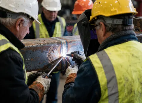 Welding process on a metal tube using protective equipment in an industrial workshop setting