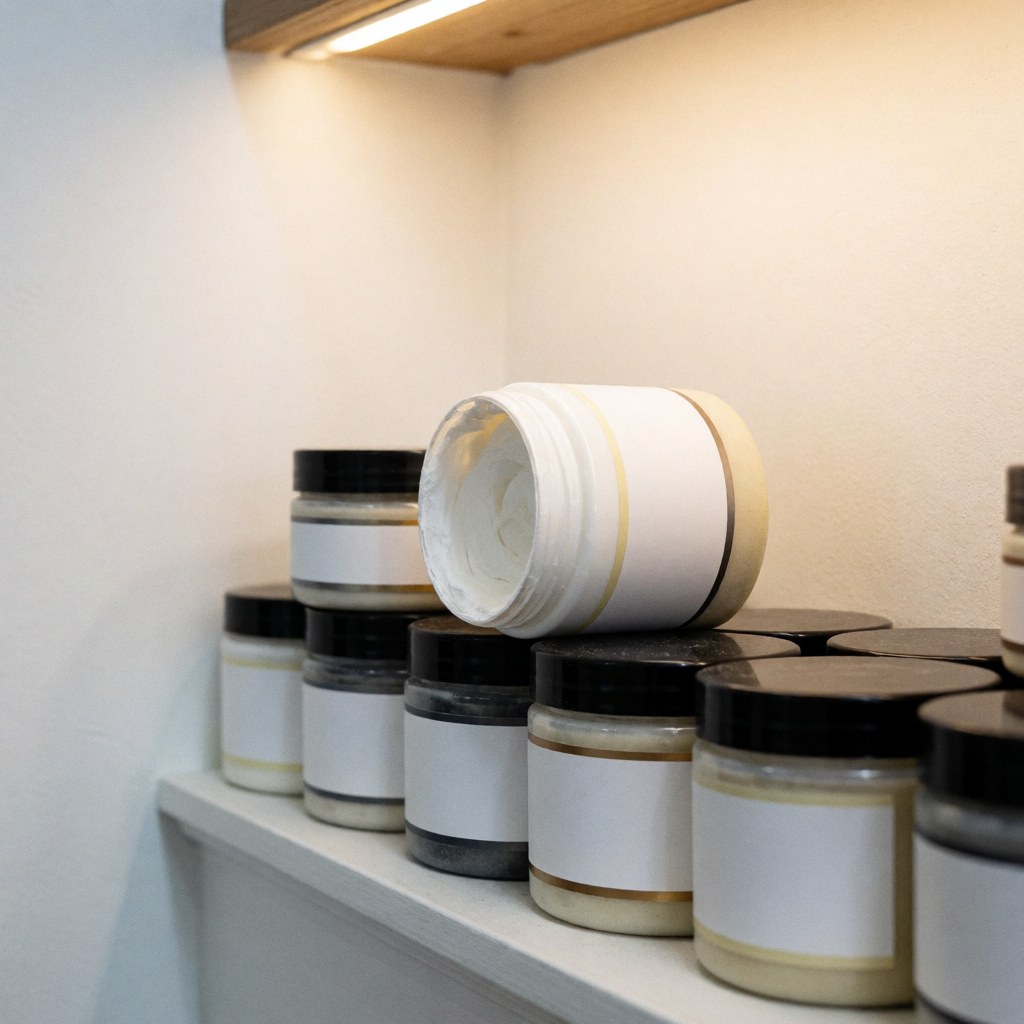 Glass jars containing white polishing paste arranged on a shelf against white walls with warm lighting in an auto body shop setting