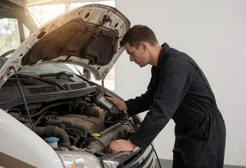 A mechanic in dark uniform uses a diagnostic tool to check a camper engine in a bright workshop with white walls and natural light.