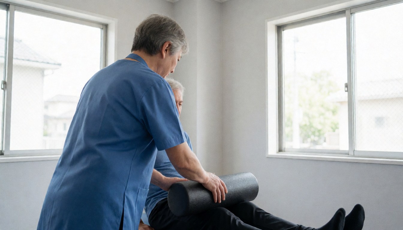 A therapist assists a client in using a foam roller during a sports massage session.
