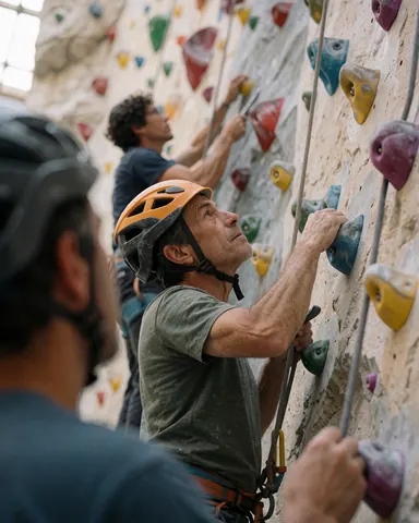 A climber wearing a helmet and harness ascends an indoor climbing wall featuring colorful holds, demonstrating training equipment and technique.