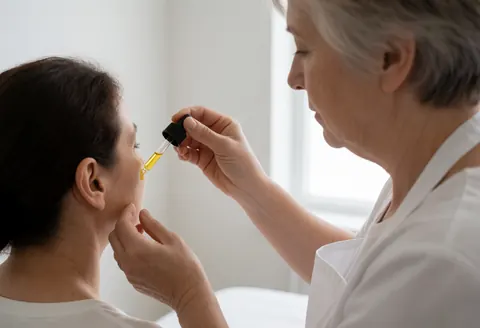 A professional esthetician applies facial oil to a client using a glass dropper in a bright salon with white walls and natural light.