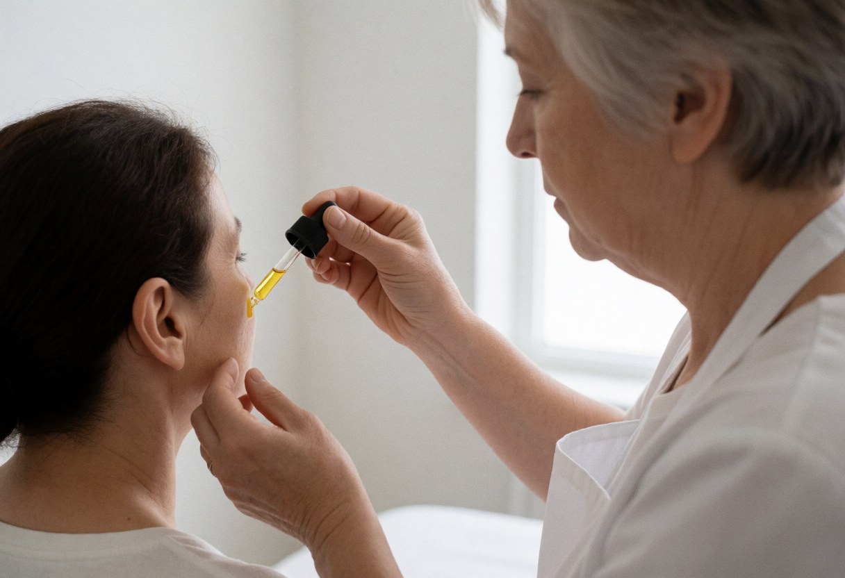 A professional esthetician applies facial oil to a client using a glass dropper in a bright salon with white walls and natural light.