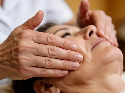 Close-up of hands performing a facial massage on skin with visible texture, highlighting skincare treatment details.