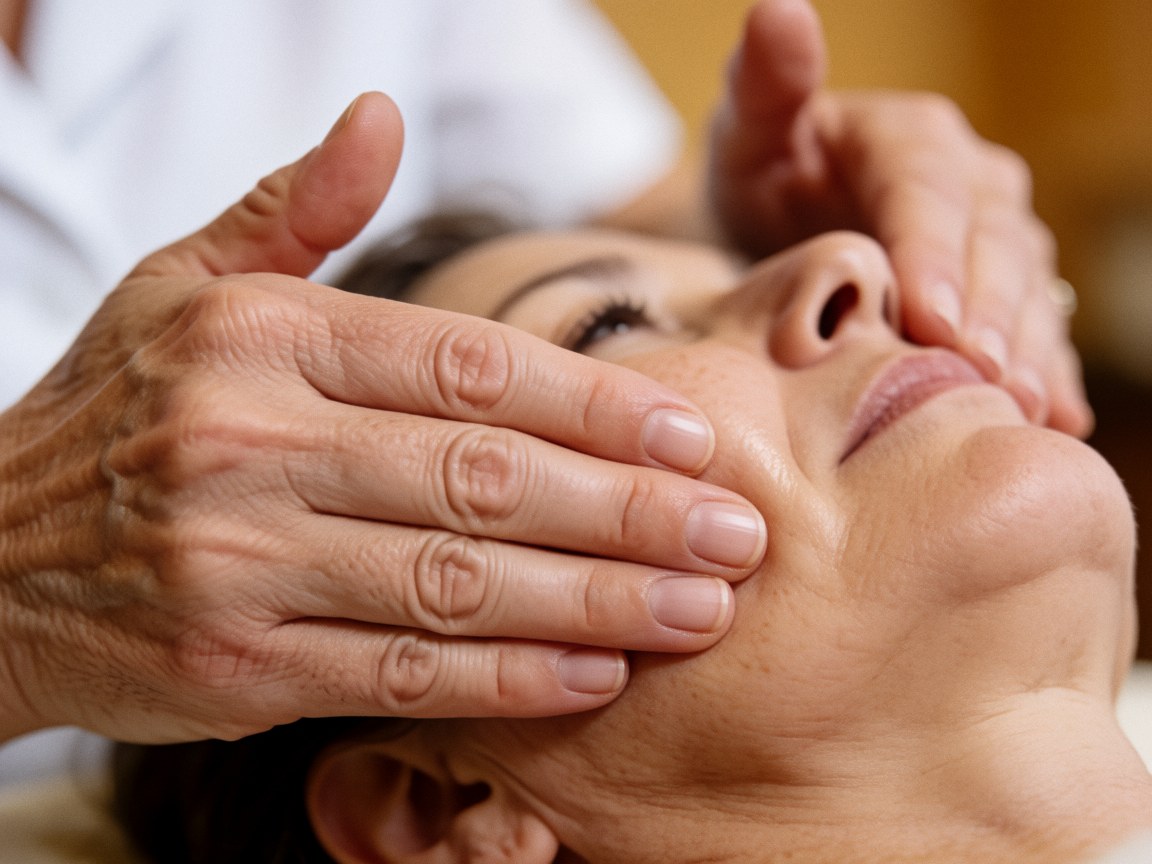 Close-up of hands performing a facial massage on skin with visible texture, highlighting skincare treatment details.