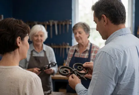A blacksmith in a workshop displays a wrought iron item to two older customers, with tools hanging on a dark blue wall and natural light.