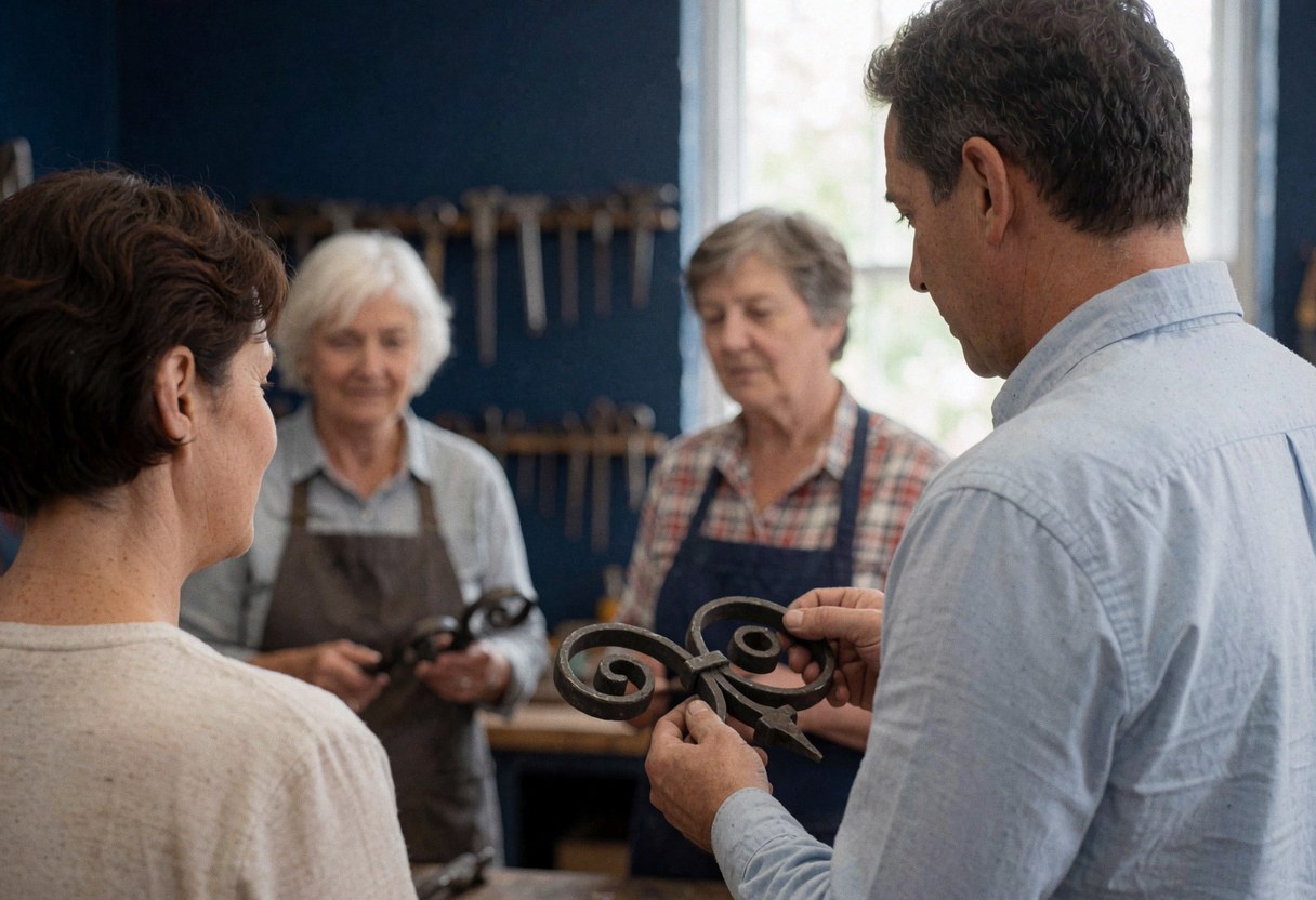 A blacksmith in a workshop displays a wrought iron item to two older customers, with tools hanging on a dark blue wall and natural light.