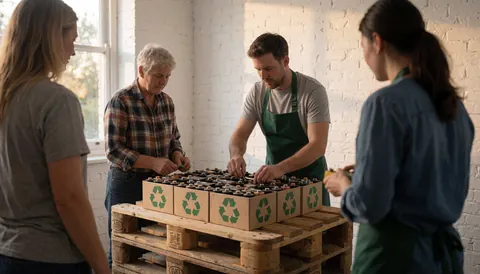 Workers wearing aprons sort used batteries into boxes with green recycling symbols on a wooden pallet in a workshop.