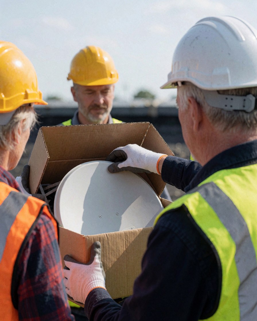A technician lifts a satellite antenna from a box on a rooftop during an installation service.