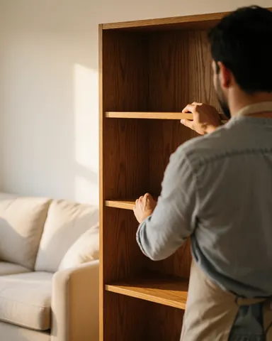 A man wearing an apron adjusts a wooden shelf in a room with a sofa and natural light, showcasing carpentry service.