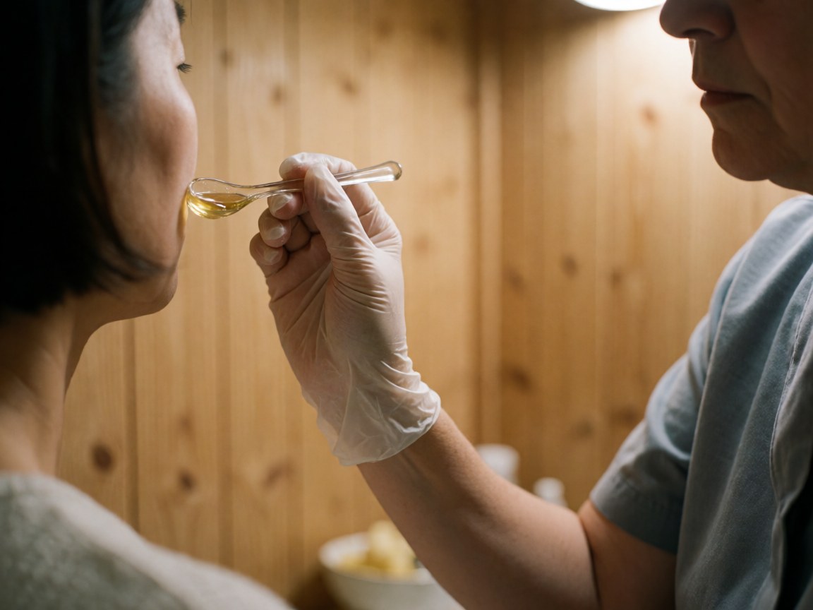 A professional aesthetician uses a spoon to apply honey treatment to a client's face in a salon with wooden walls and warm lighting.