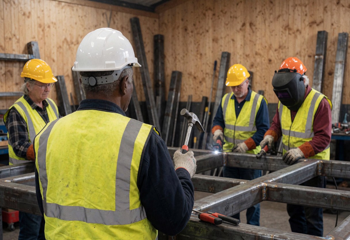 Worker holding a hammer inspects a steel framework in a workshop while other welders work in the background.