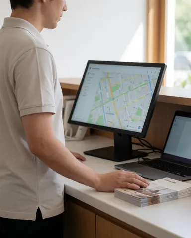 A professional person examines a digital map on a screen with brochures on the counter in a modern office setting.