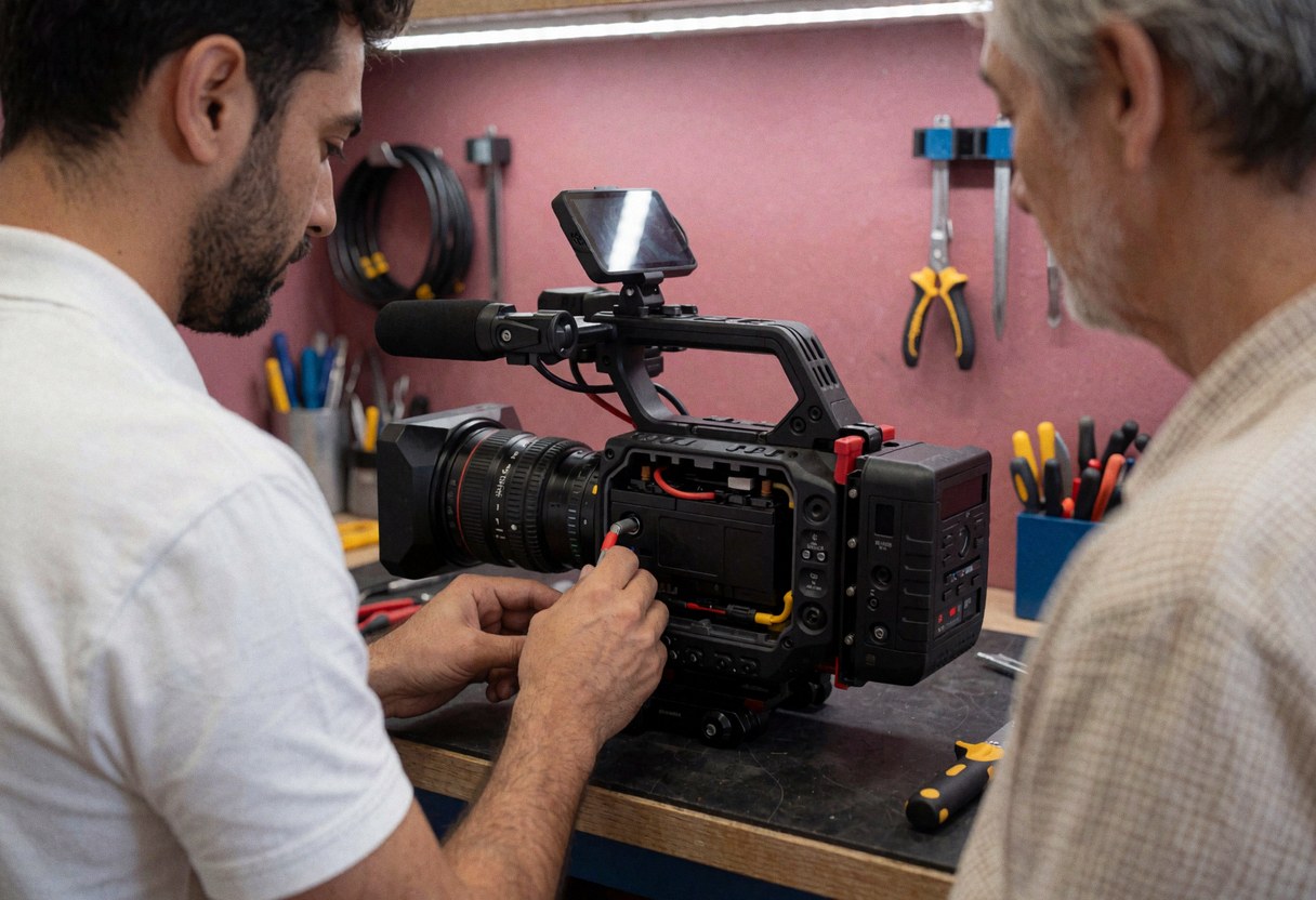 A technician inspects a video camera on a workbench with tools hanging on a pink wall, showing professional service in action.