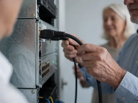Close-up of a hand plugging a black cable into a metallic network switch mounted in a rack against a light gray wall.