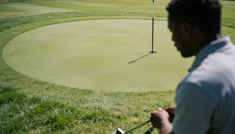 A golfer practices putting on a circular green with a flag, well-maintained grass and bright sunlight.