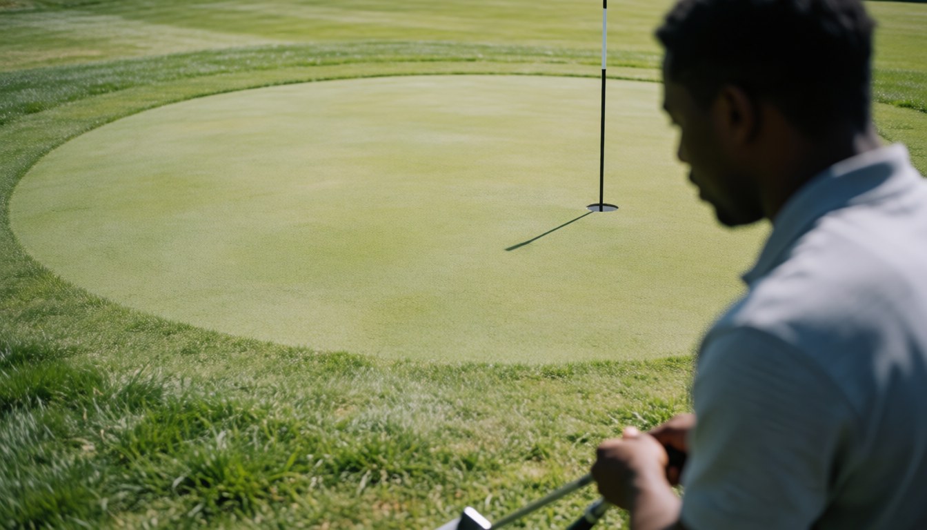 A golfer practices putting on a circular green with a flag, well-maintained grass and bright sunlight.